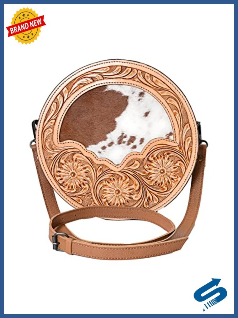 Handtooled Cowhide Canteen Crossbody Bag with Adjustable Strap